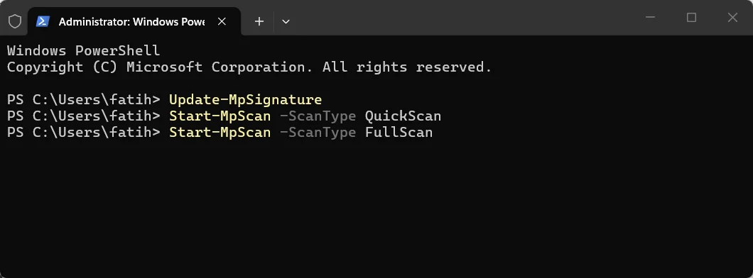 PowerShell penceresinde Start-MpScan -ScanType FullScan Komutu komutunun çalıştırılması