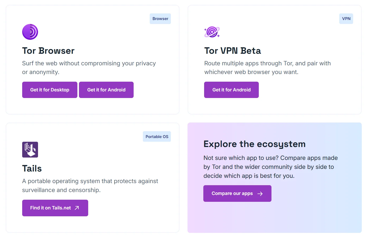 Tor Browser indirme sayfasında Windows, macOS, Linux ve Android seçenekleri