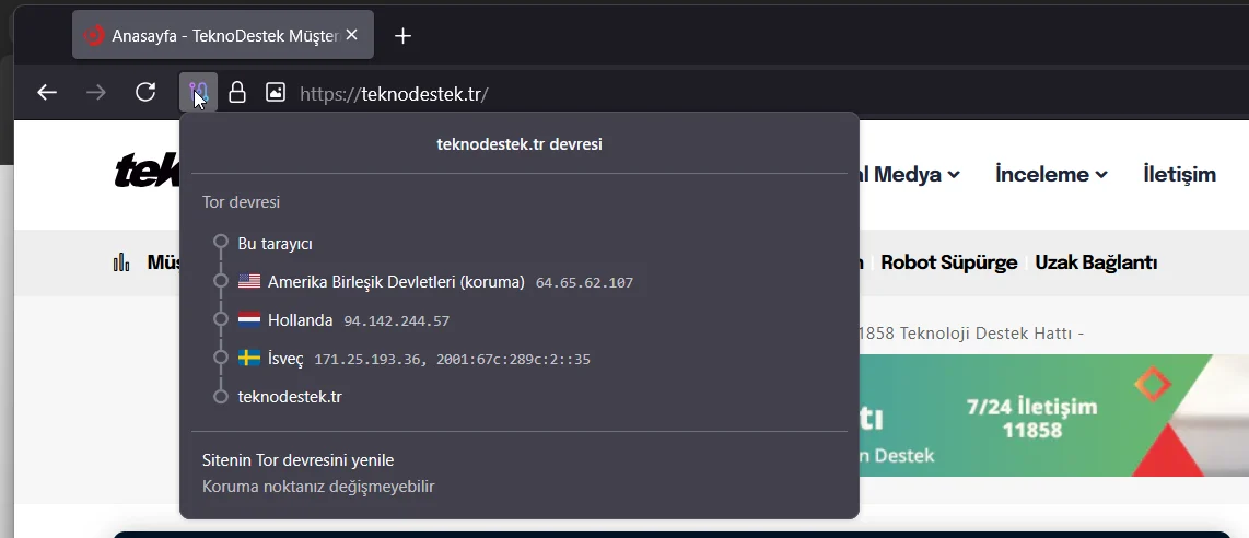 Tor Browser adres çubuğundaki kilit simgesi ve Bu site için Tor Devresi seçeneği