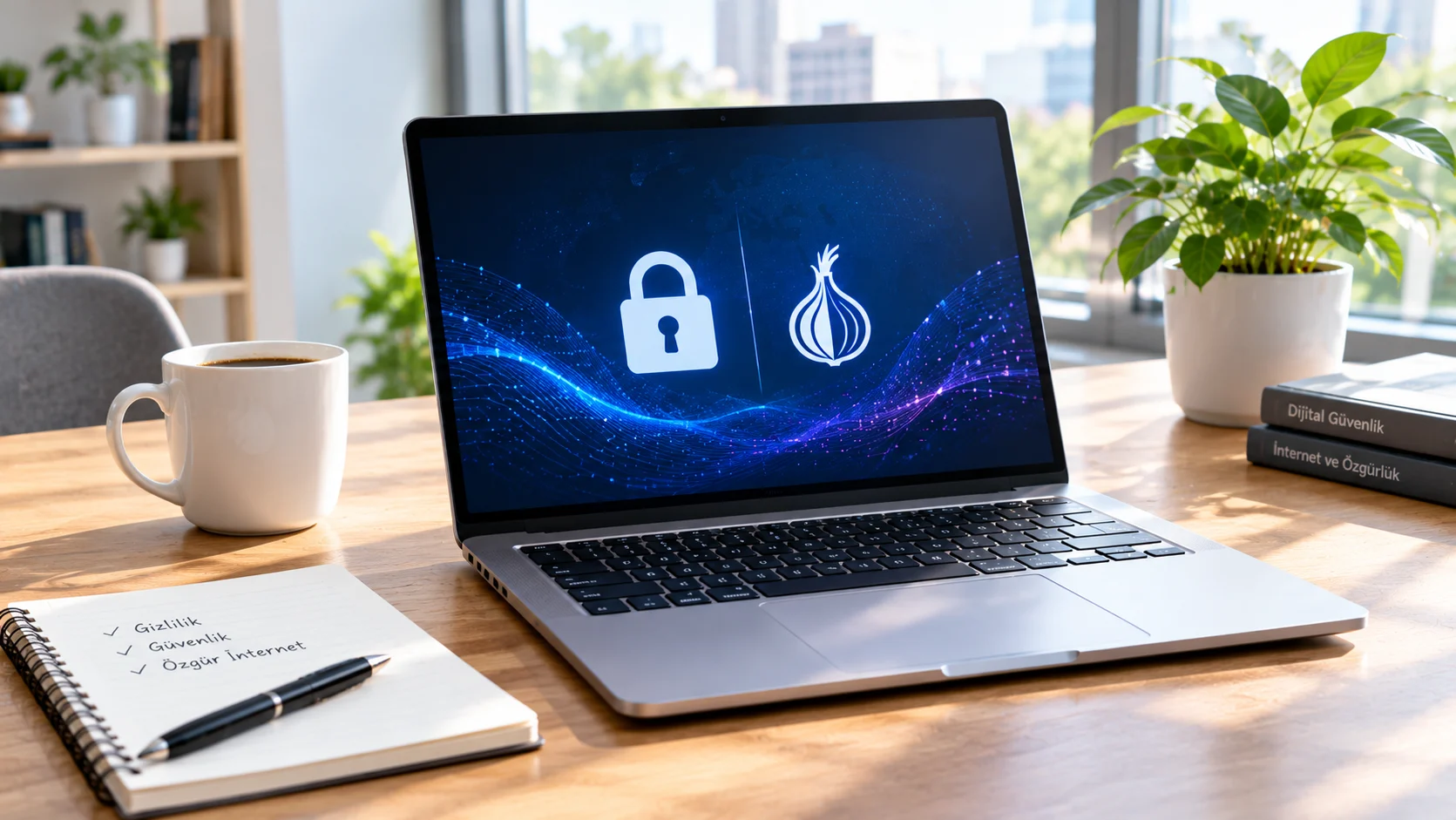 Tor Browser kullanımını gösteren ekranı açık bir dizüstü bilgisayar ve yanında bir fincan kahve bulunuyor.