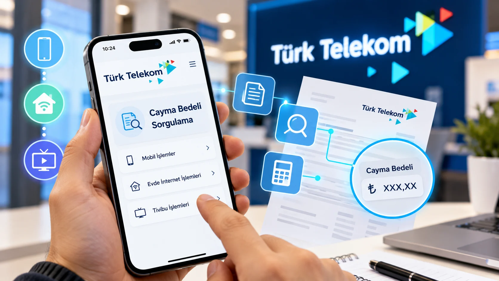 Akıllı telefon üzerinden Türk Telekom cayma bedeli sorgulama işlemi, taahhüt bilgileri ve ücret hesaplama ekranı.