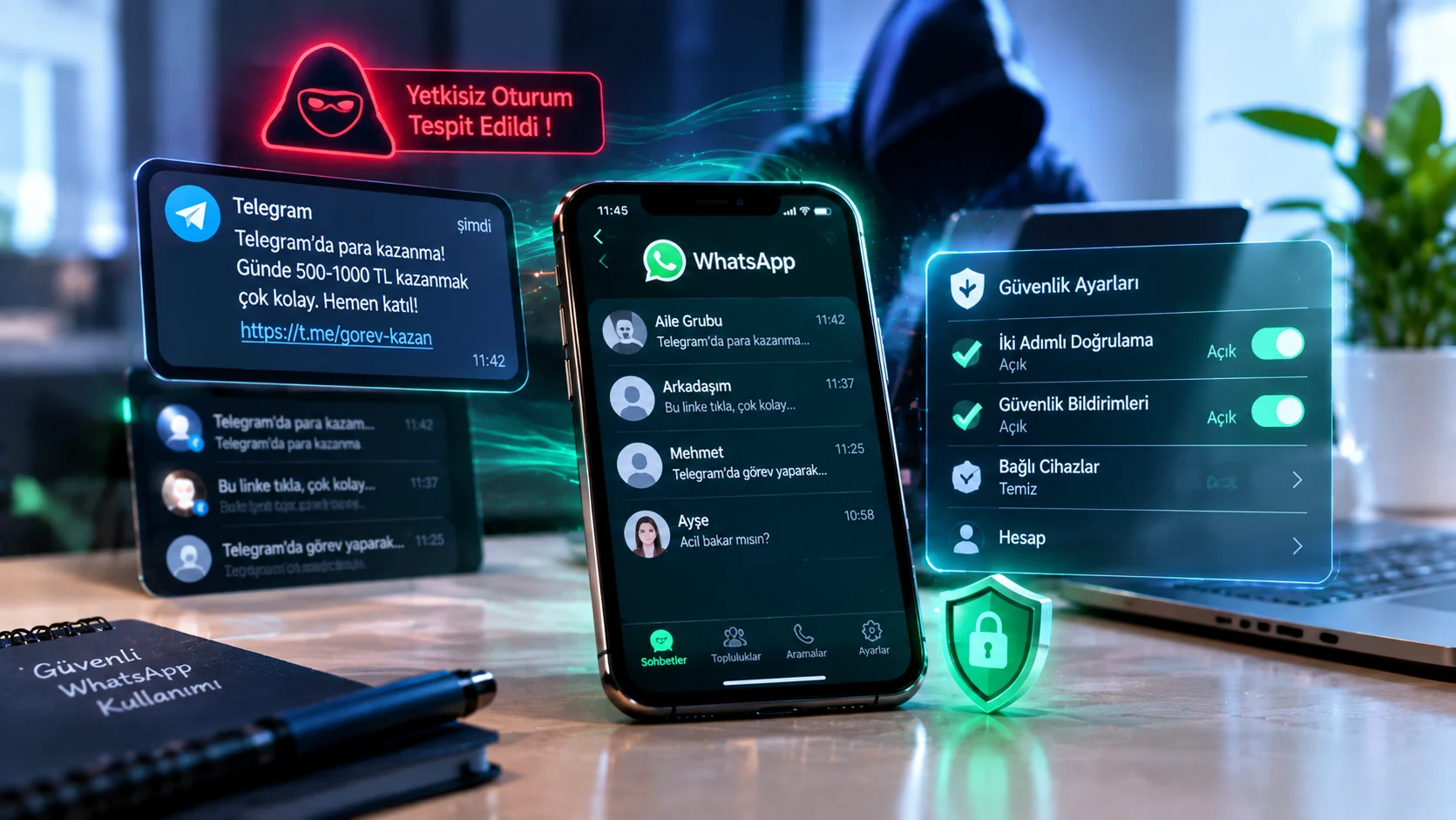 WhatsApp benden habersiz mesaj gönderiyor durumunu simgeleyen, kendi kendine çalışan karanlık bir akıllı telefon ekranı.