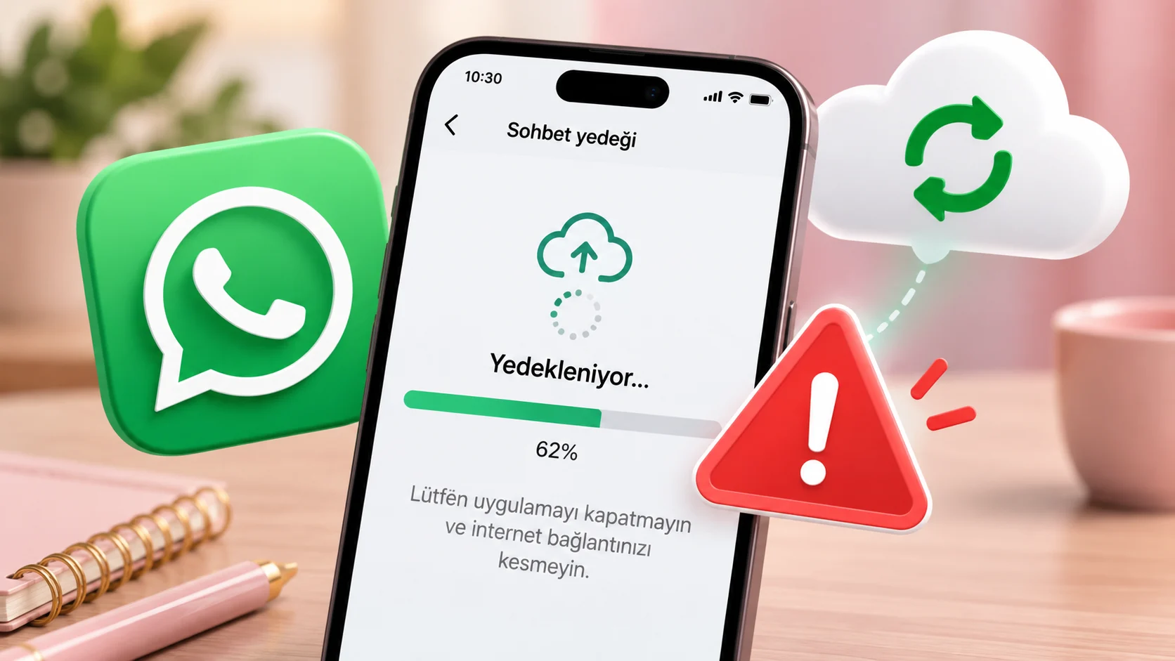 WhatsApp sohbet yedekleme işleminin yüzde 62'de takılı kaldığını gösteren telefon ekranı, bulut yedekleme simgesi ve hata uyarısı.