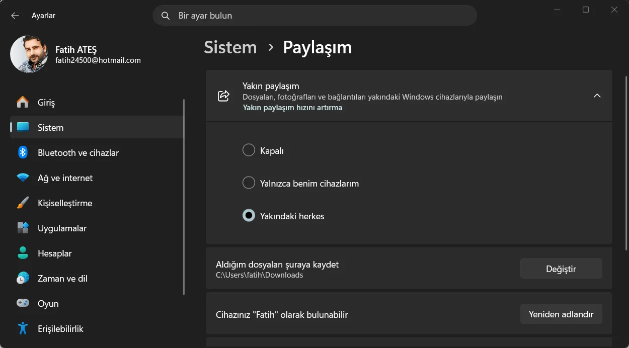 Windows 11 Ayarlar uygulamasında cihazlar arasında paylaşım ve Yakındaki herkes seçeneği