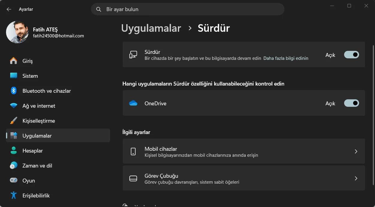 Windows cihazlar arası devam etme çalışmıyor sorunu için Sürdür özelliğinin açılması