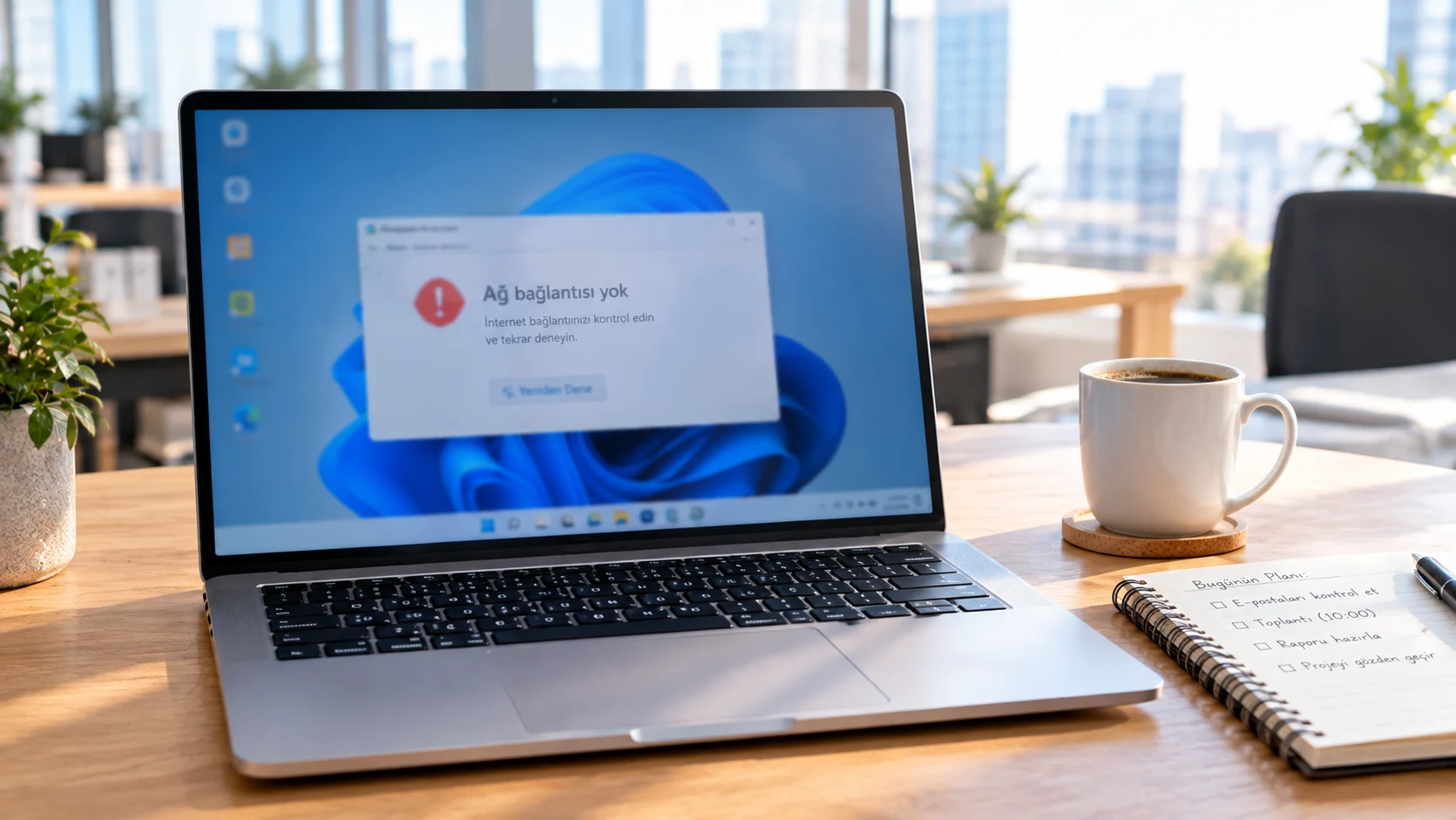 Wi-Fi bağlantı sorunu yaşayan bir çalışan ofis masasında dizüstü bilgisayarındaki ağ ayarlarını inceliyor.