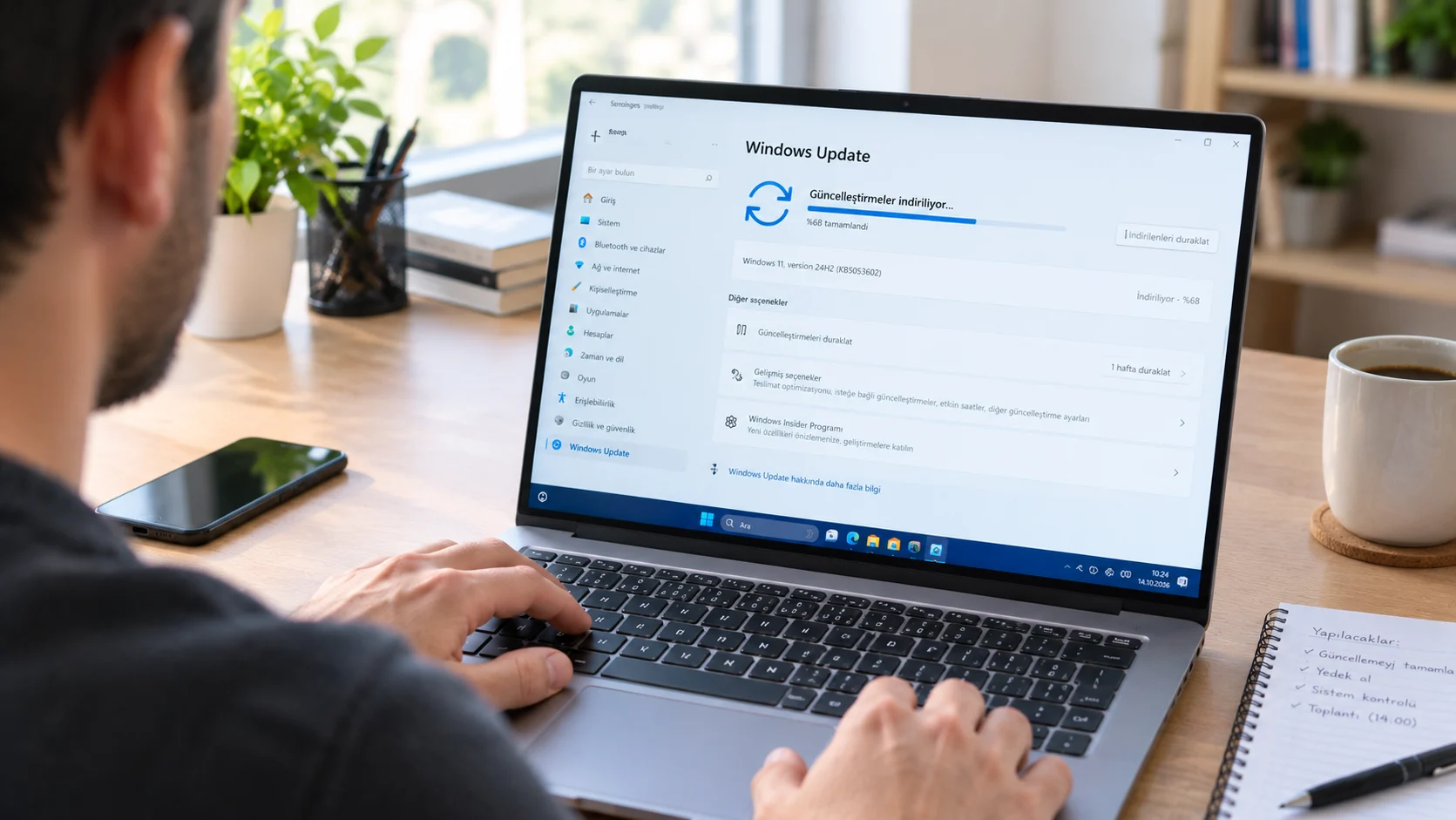 Windows 11 KB5127936 güncellemesinin indirildiği dizüstü bilgisayar ve Ayarlar Windows Update ekranı