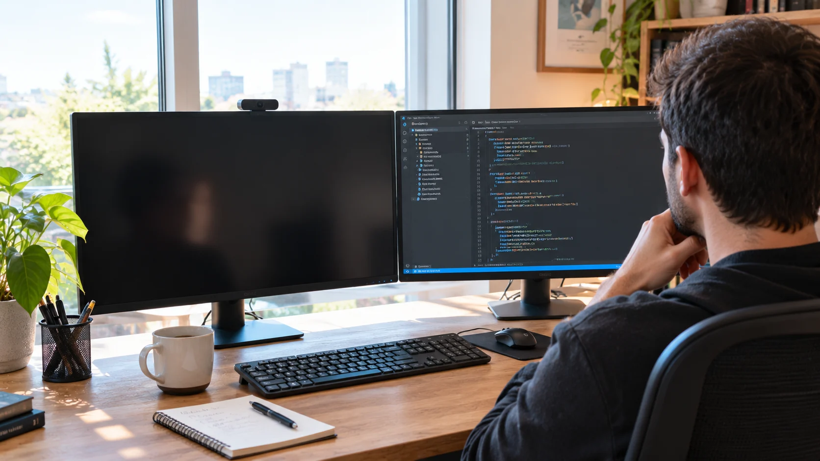 Windows 11 NVIDIA siyah ekran hatası yaşayan kişi aydınlık odasında monitör bağlantılarını kontrol ediyor.