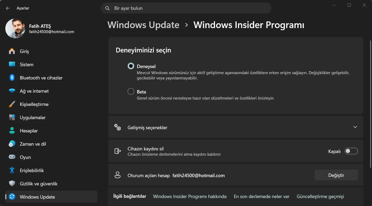 Windows Insider Program sayfasında Release Preview seçimi