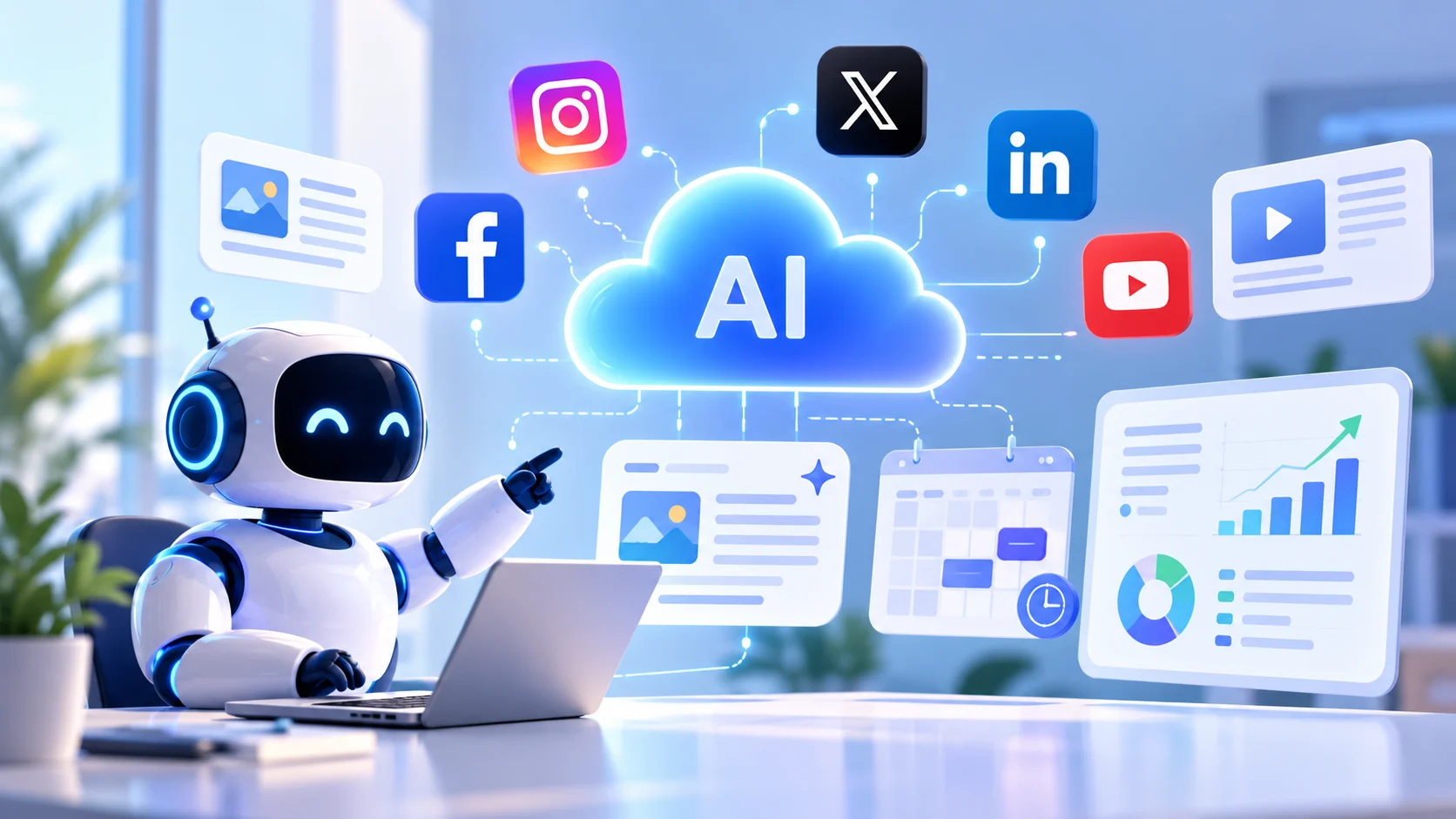 Cloud AI ile sosyal medya hesabı yönetimini temsil eden yapay zekâ robotu, bulut sistemi, sosyal medya simgeleri, içerik planlama takvimi ve performans analiz grafikleri.