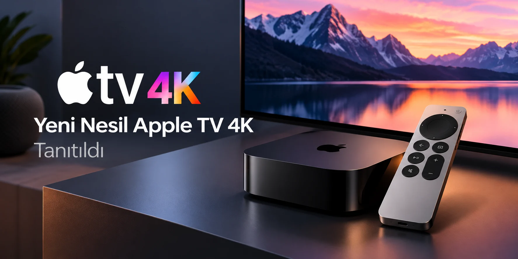 Yeni nesil Apple TV 4K medya oynatıcı, Siri Remote kumandası ve arka planda 4K doğa manzarası gösteren televizyon.