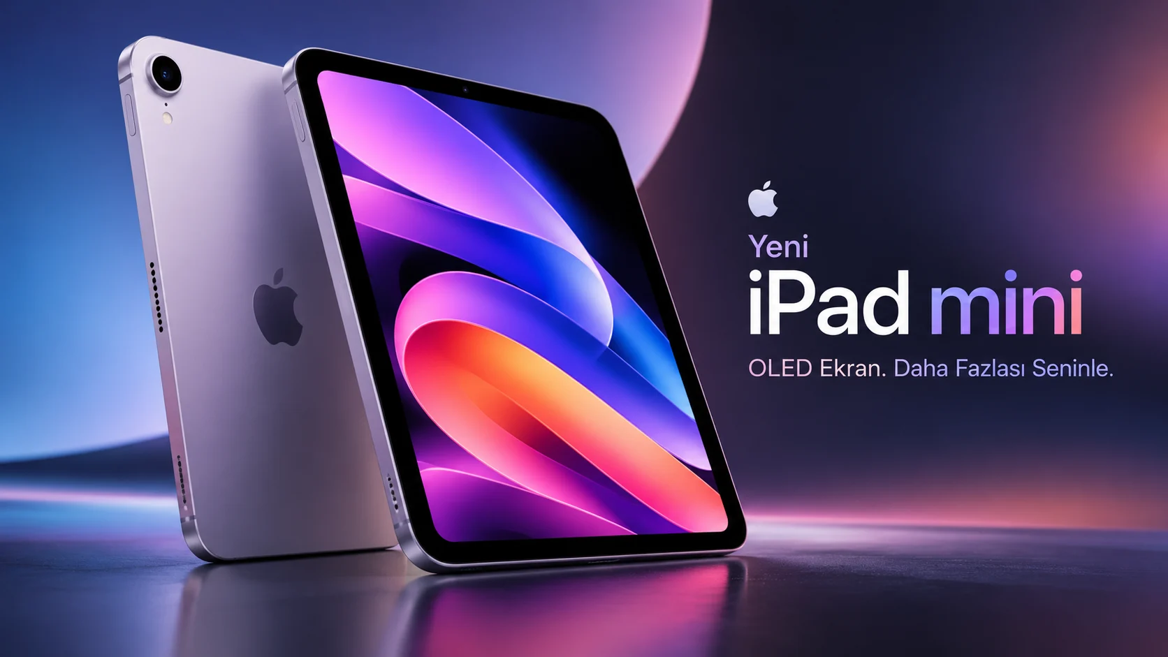 OLED ekranlı yeni iPad mini modelinin ön ve arka tasarımı, mor ve mavi renk geçişlerine sahip ekranı ve ince gövdesi.