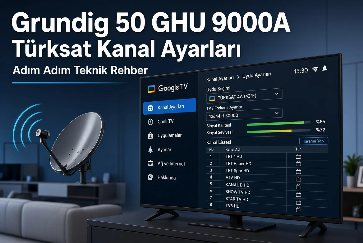Grundig 50 GHU 9000A televizyonunda Türksat kanal ayarları menüsü ve uydu çanağı görseli – adım adım teknik rehber