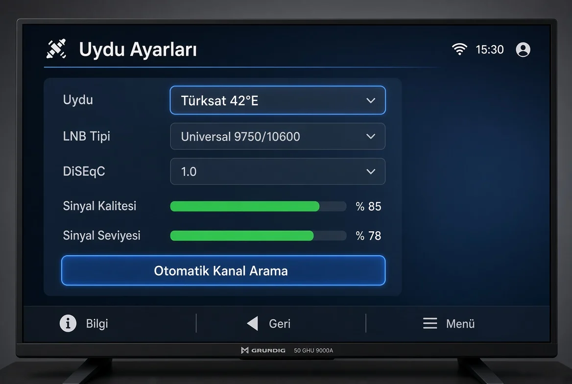 Grundig 50 GHU 9000A televizyonunda Türksat 42°E uydu ayarları menüsü, LNB, DiSEqC ve sinyal kalitesi ekranı