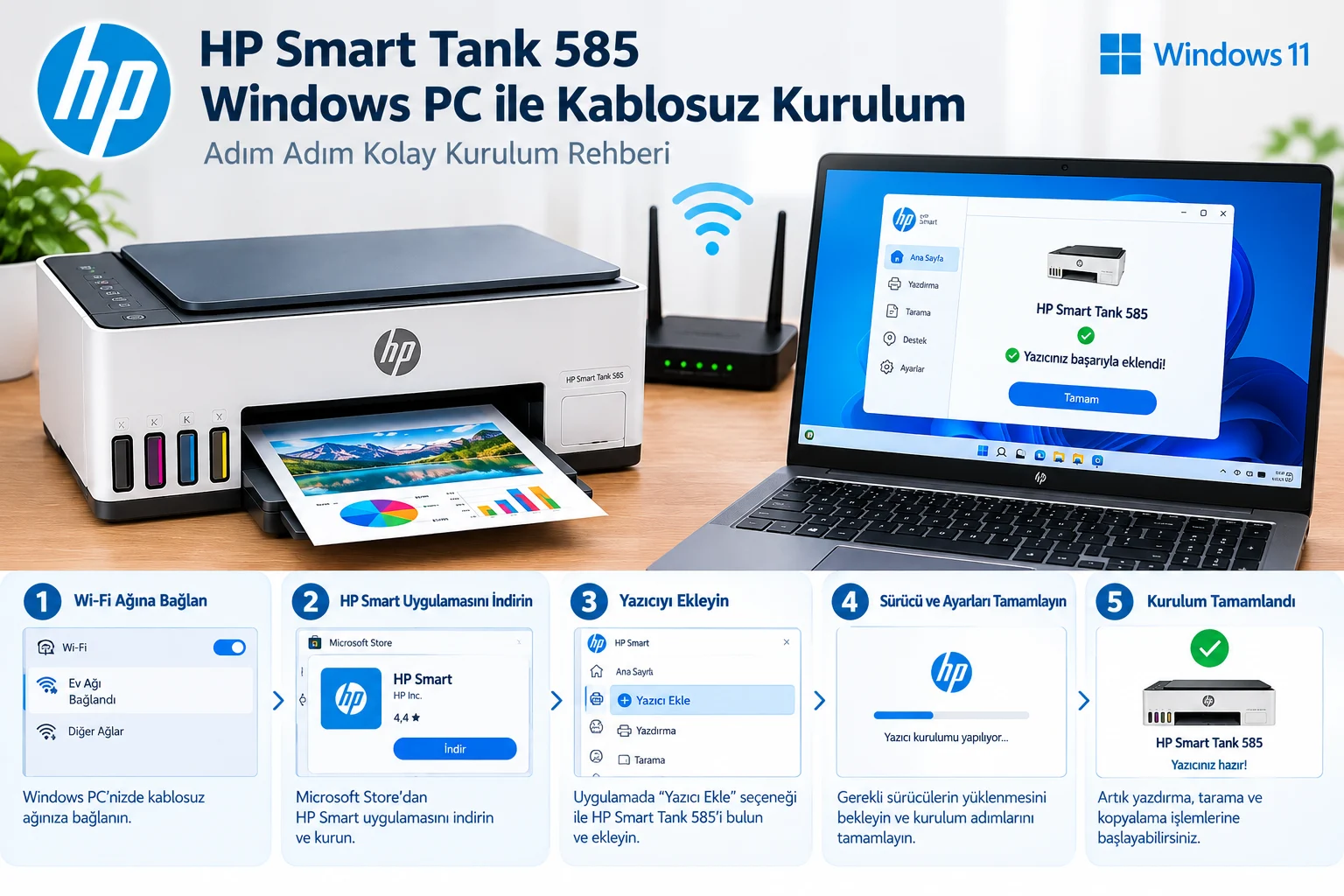 HP Smart Tank 585 yazıcının Windows 11 PC ile kablosuz kurulumu, HP Smart uygulaması ve Wi-Fi bağlantısı