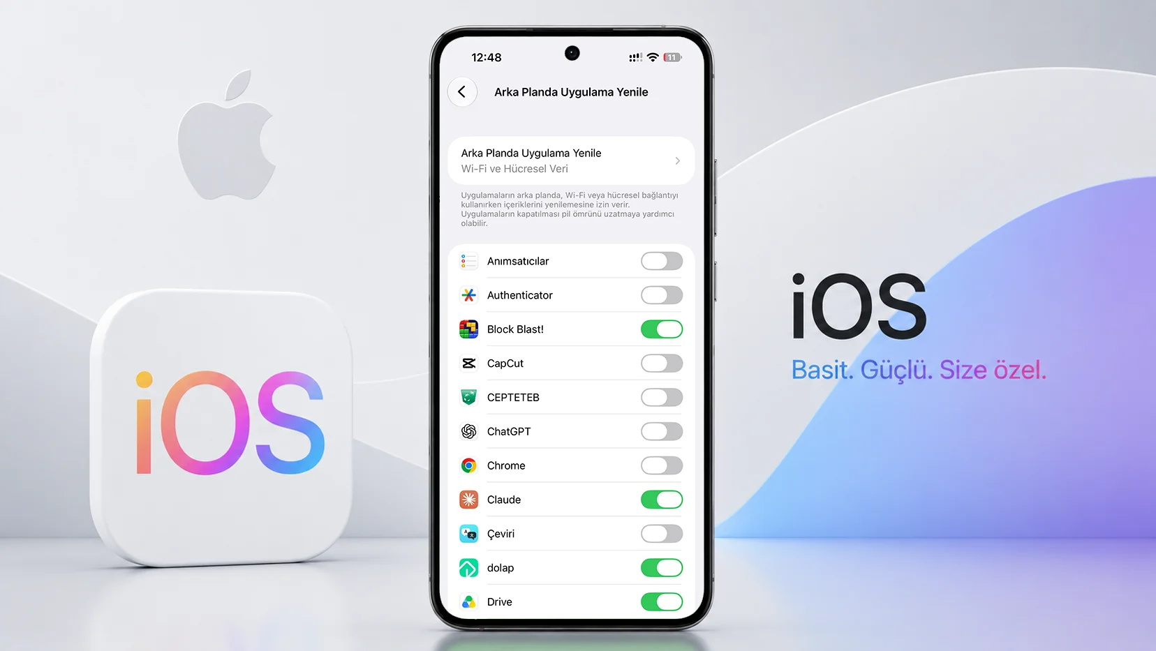 iOS 27 Genel ayarlarda Arka Planda Uygulama Yenileme seçenekleri listesi