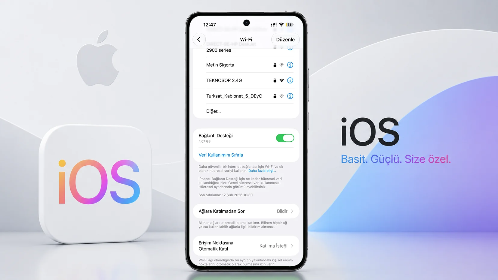 iOS 27 Wi-Fi ayarları ekranında Bağlantı Desteği anahtarı