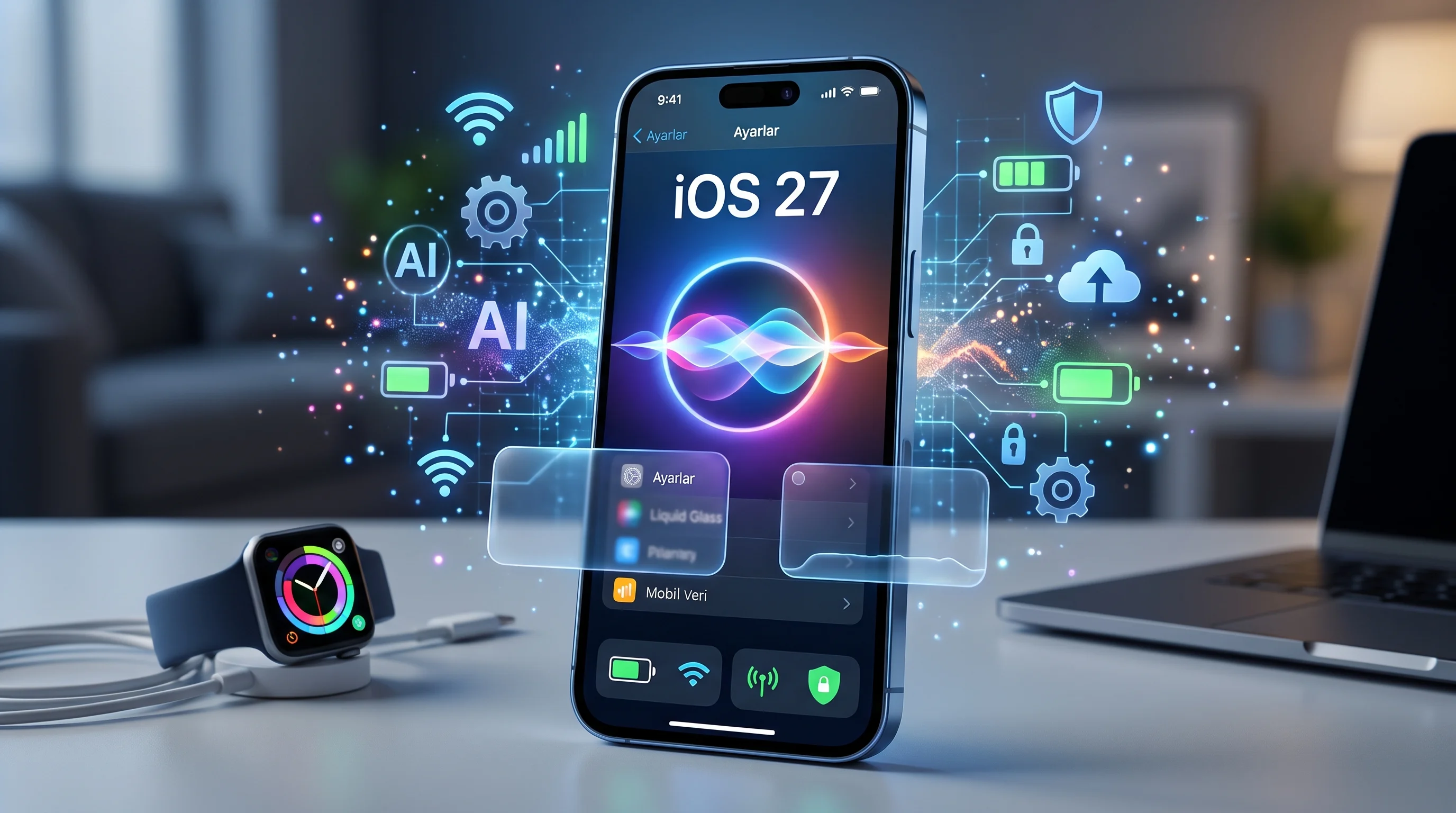 Yanında küçük dişli çark duran ekranı kapalı iPhone, iOS 27 güncellemesi sonrası ayarları simgeliyor
