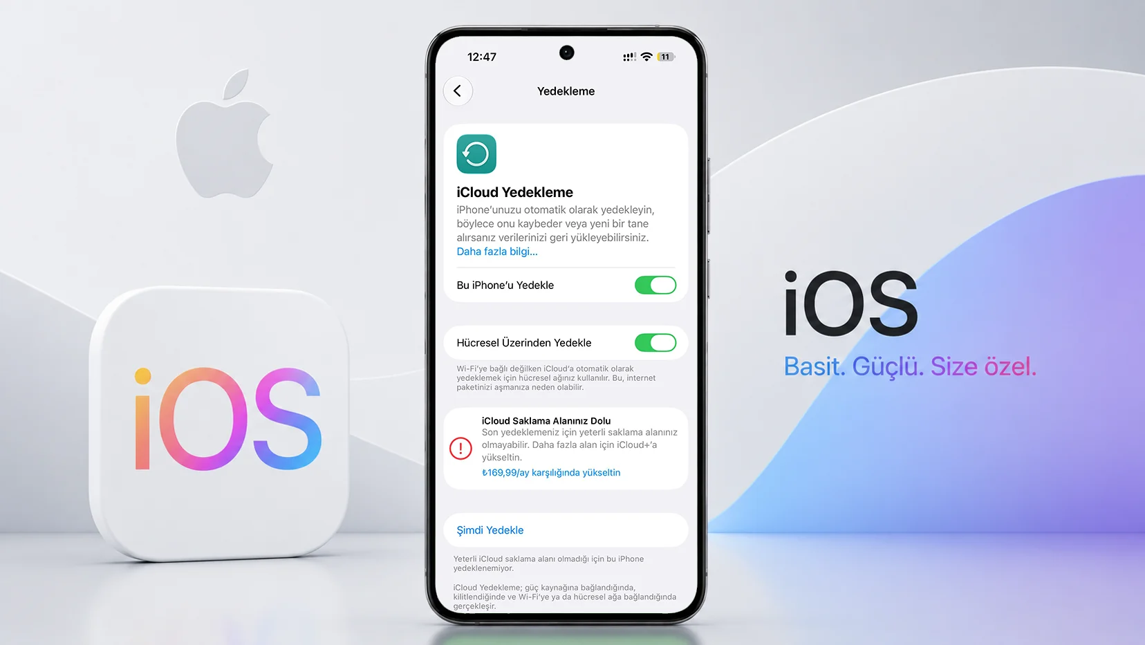 iOS 27 iCloud Yedekleme ekranında hücresel veride yedekleme anahtarı