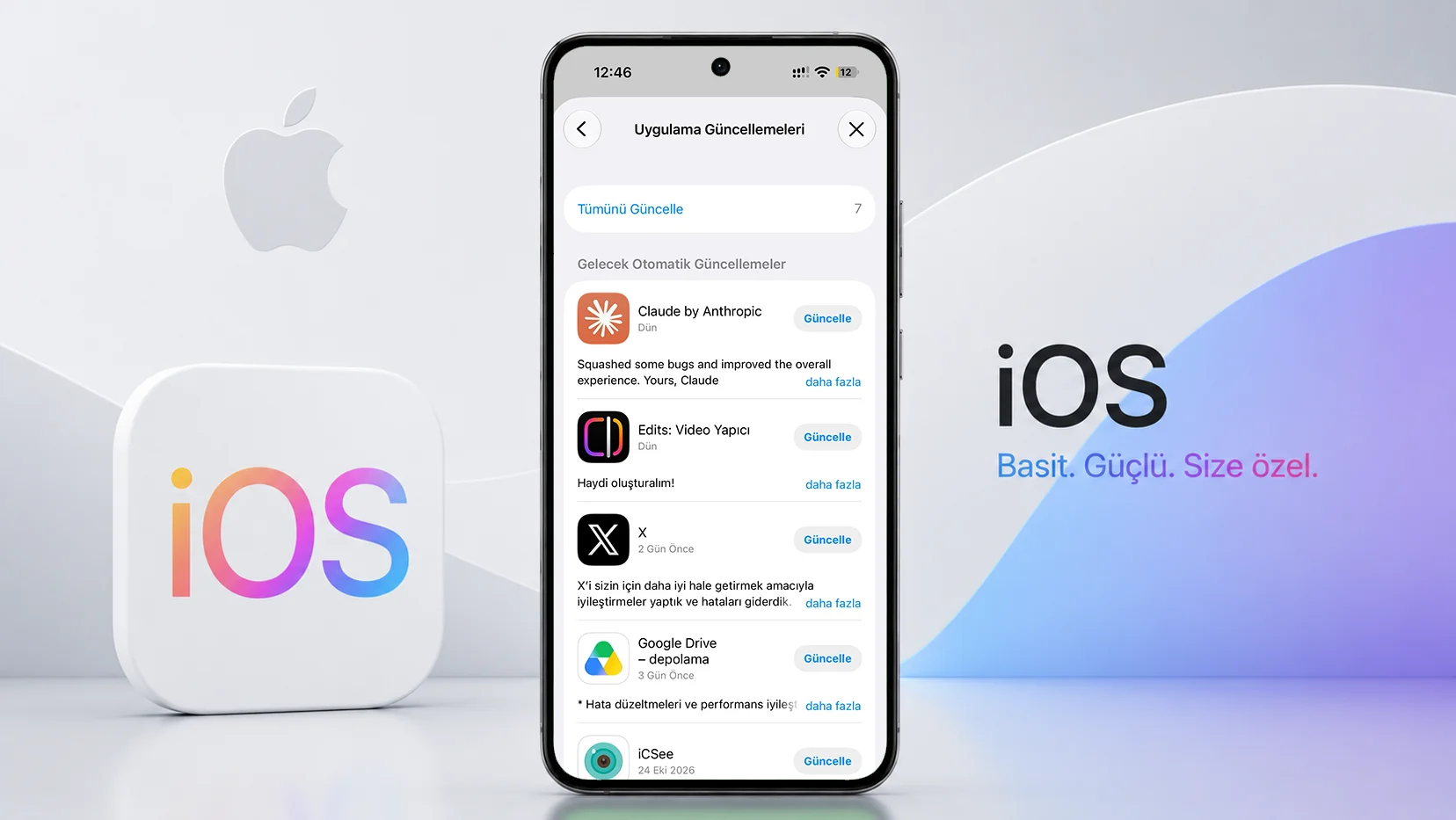 iOS 27 App Store hesap ekranında bekleyen uygulama güncellemeleri listesi