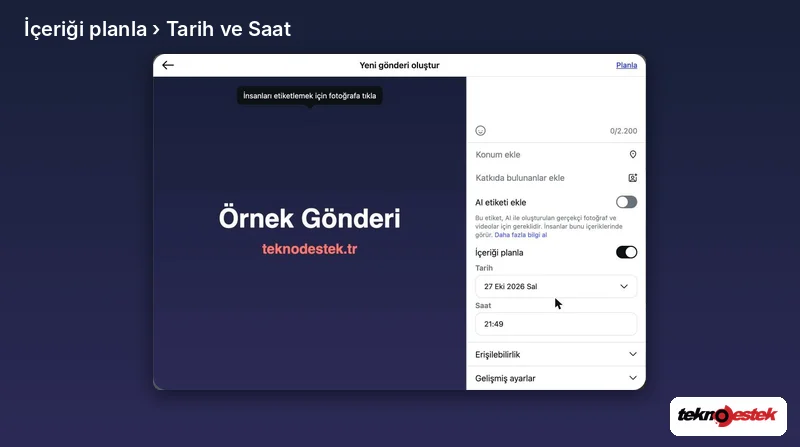 Yeni gönderi oluştur penceresinde İçeriği planla, Tarih ve Saat alanları