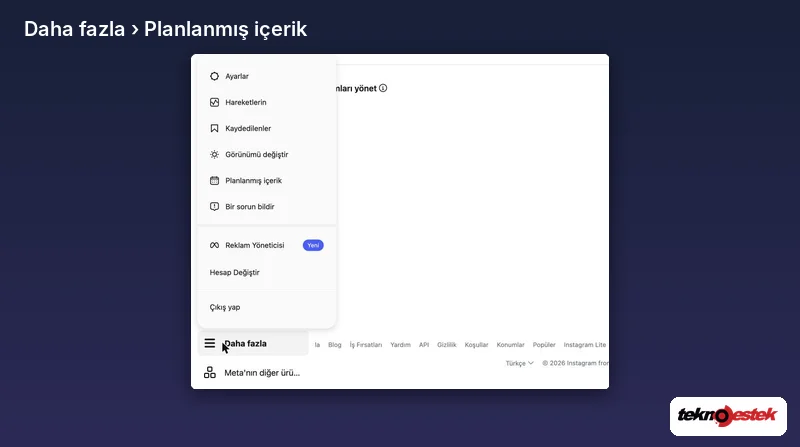 Instagram web Daha fazla menüsünde Planlanmış içerik seçeneği