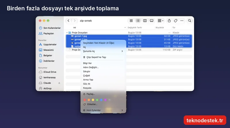 Finder liste görünümünde seçili dört dosya için açılan sağ tık menüsü