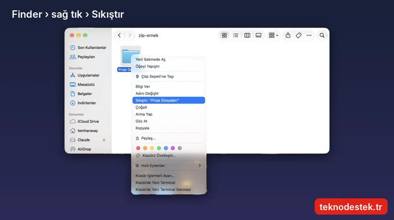 Finder sağ tık menüsünde Proje Dosyaları klasörü için Sıkıştır seçeneği
