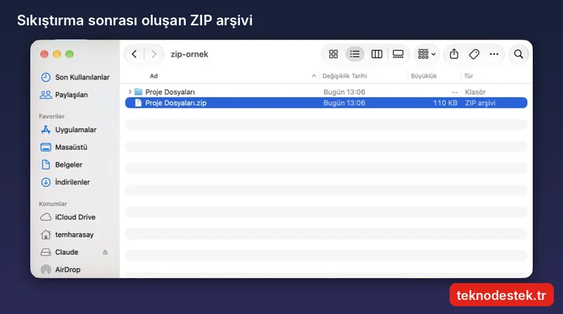 Mac ZIP dosyası oluşturma sonrasında klasörün yanında beliren ZIP arşivi
