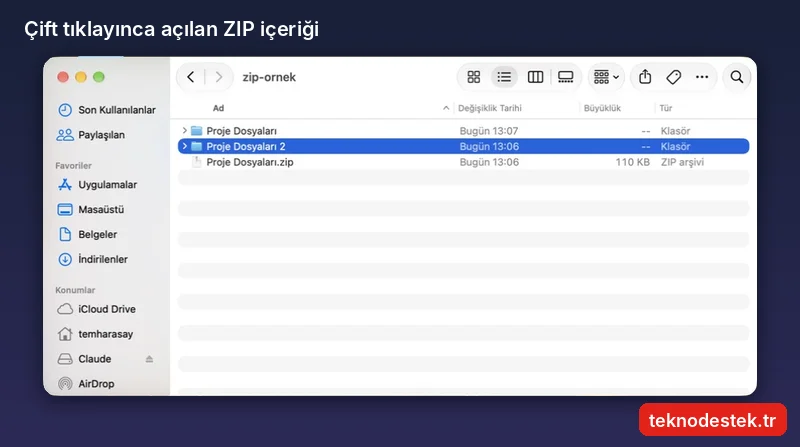Çift tıklanan ZIP arşivinin Proje Dosyaları 2 klasörü olarak açılması