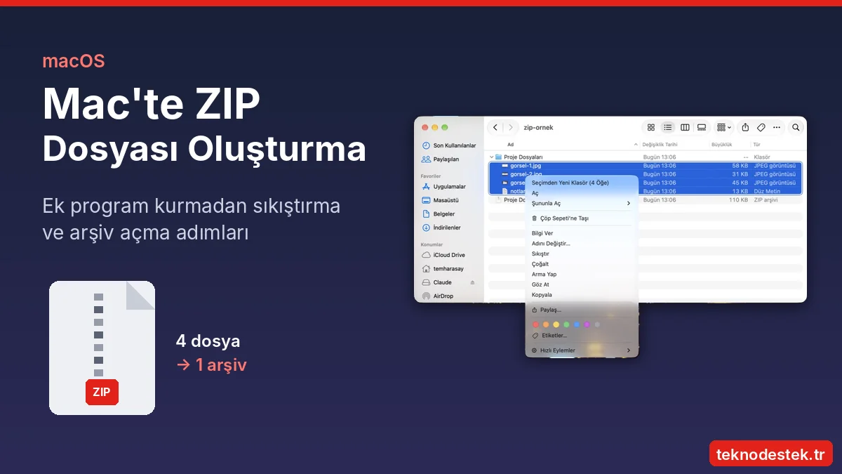 Mac ZIP dosyası oluşturma işleminde birden fazla dosyanın tek arşivde toplanması