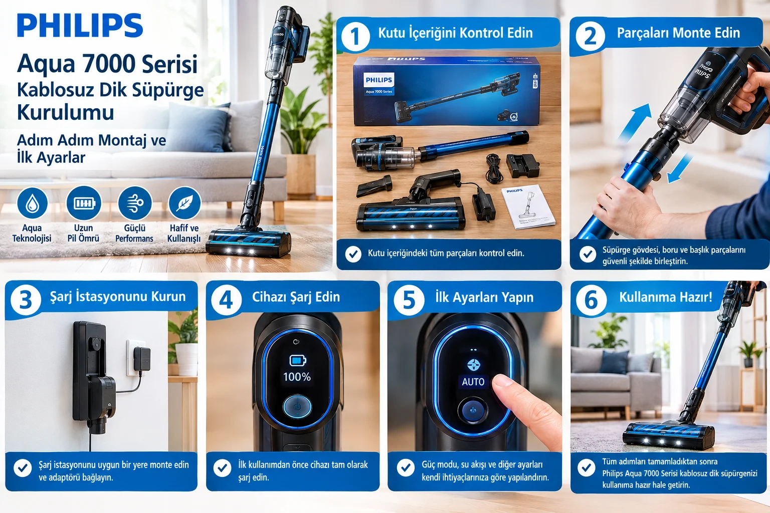 Philips Aqua 7000 Serisi kablosuz dik süpürge kurulum rehberi; kutu içeriği kontrolü, parçaların montajı, şarj istasyonu kurulumu, ilk şarj ve cihaz ayarları.