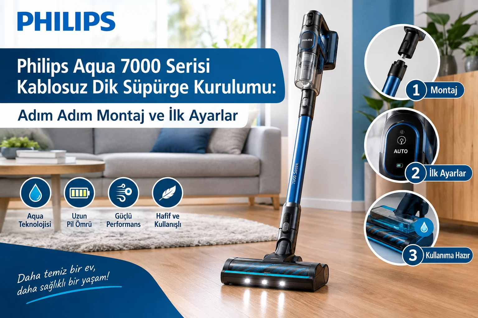 Philips Aqua 7000 Serisi kablosuz dik süpürge kurulumu, montaj aşamaları ve ilk ayarlar